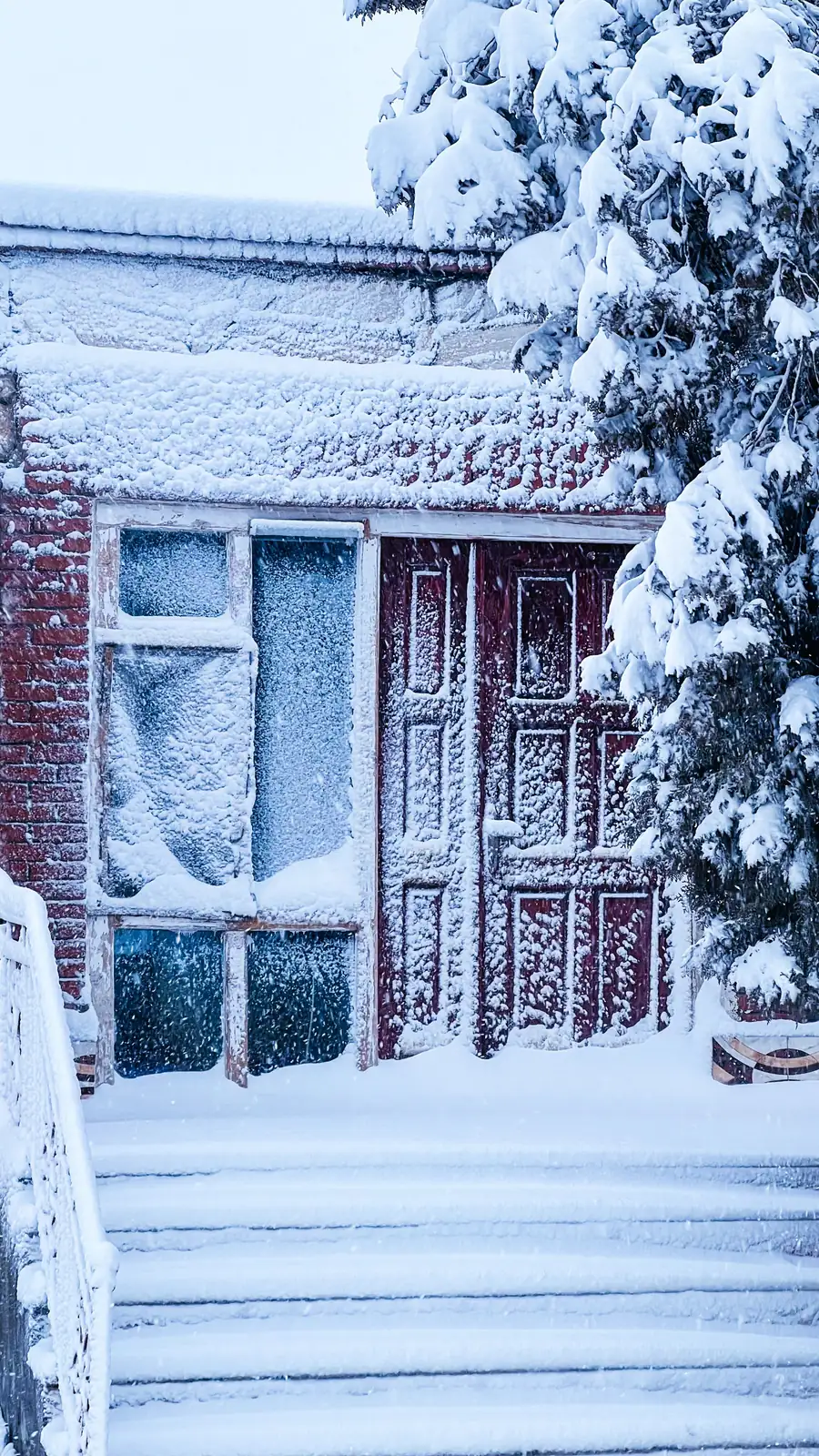 Deep fresh snow covering the front steps and entryway of a building during a snowfall.
